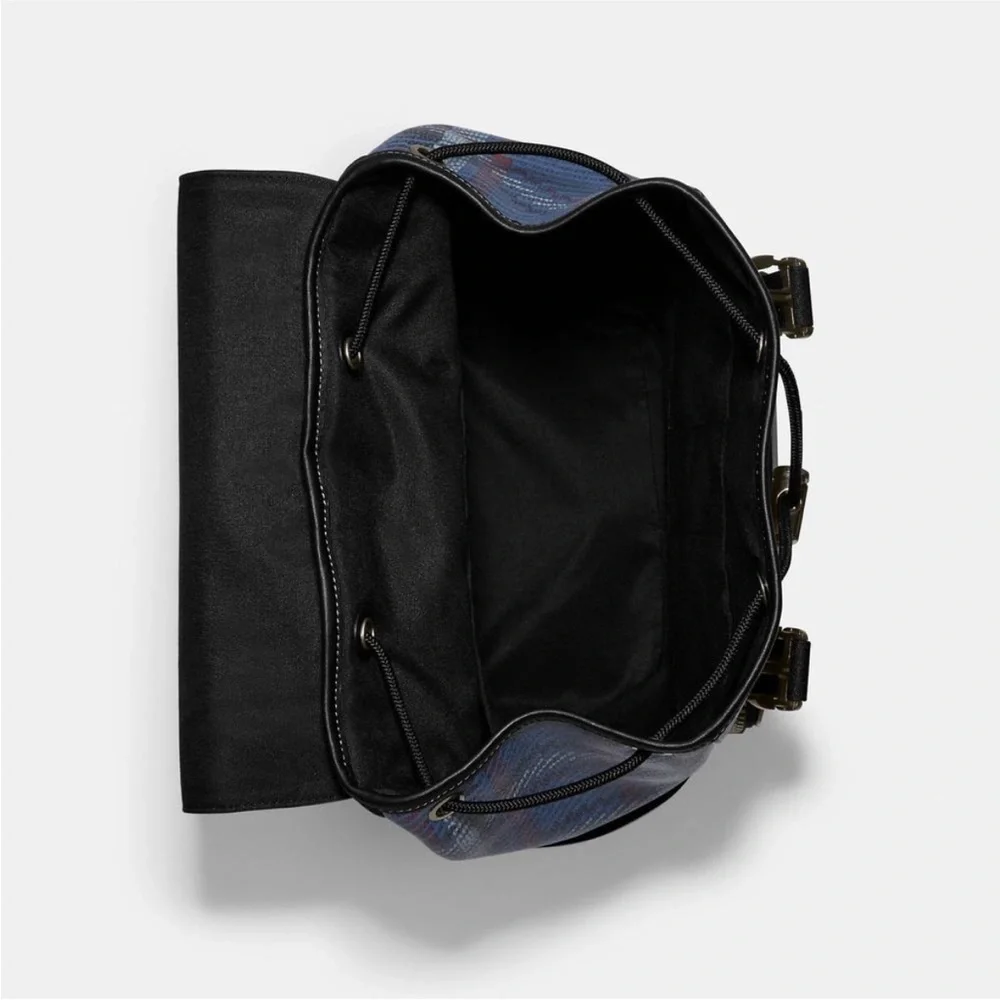 Coach Leather Backpack Blue Track Plaid Laptop Travel Carry On Bag Quiet Luxury‎